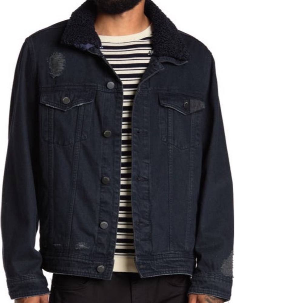 Men's Blank NYC Shearling Collar Distressed Denim Jacket Navy blue Size-Small